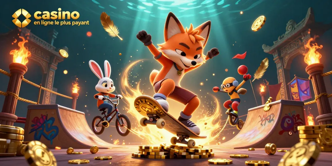 Découvrez l'illustration dynamique de jeu d'un casino en ligne le plus payant avec un renard faisant un kickflip et un lapin BMX.