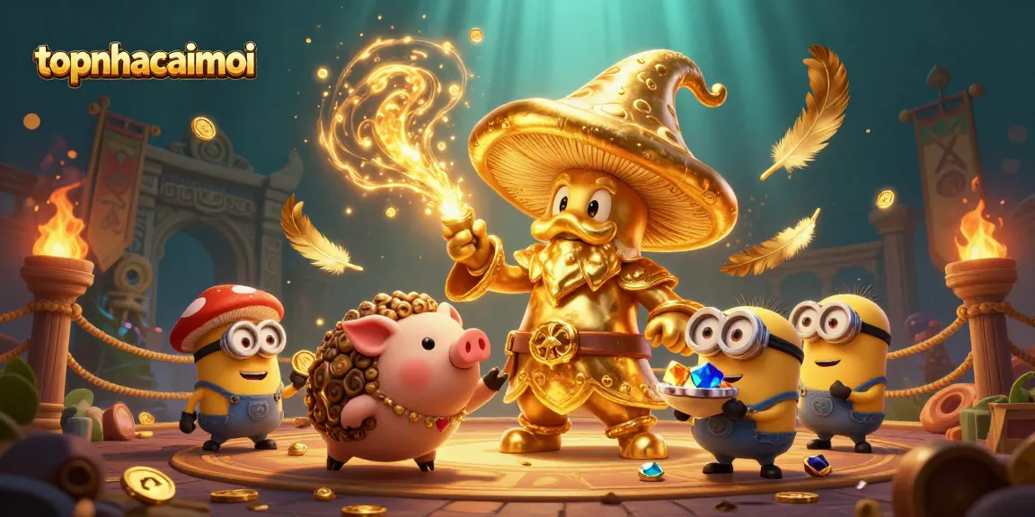 topnhacaimoi casting golden spells as a wizard pig digs for treasure in a vibrant casino