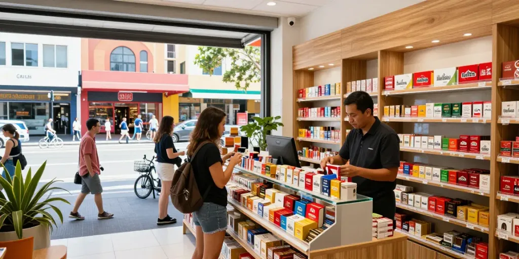 Buy cheap cigarette online Australia with a vibrant urban cigarette shop scene showcasing various brands and shoppers.