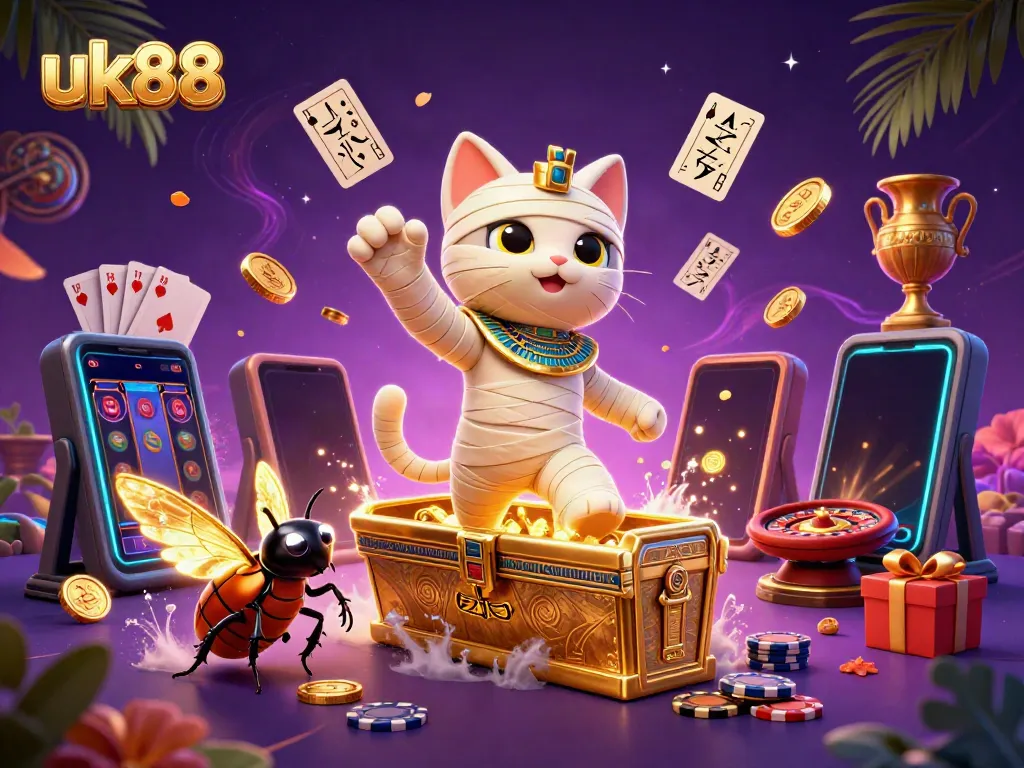 Engage in winning strategies at uk88, where an Egyptian mummy cat reveals treasures in a pyramid casino.