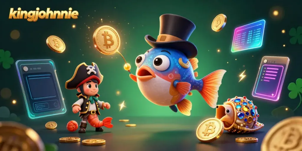 Experience the excitement of kingjohnnie casino with a vibrant 3D illustration featuring an anglerfish and pirate shrimp.