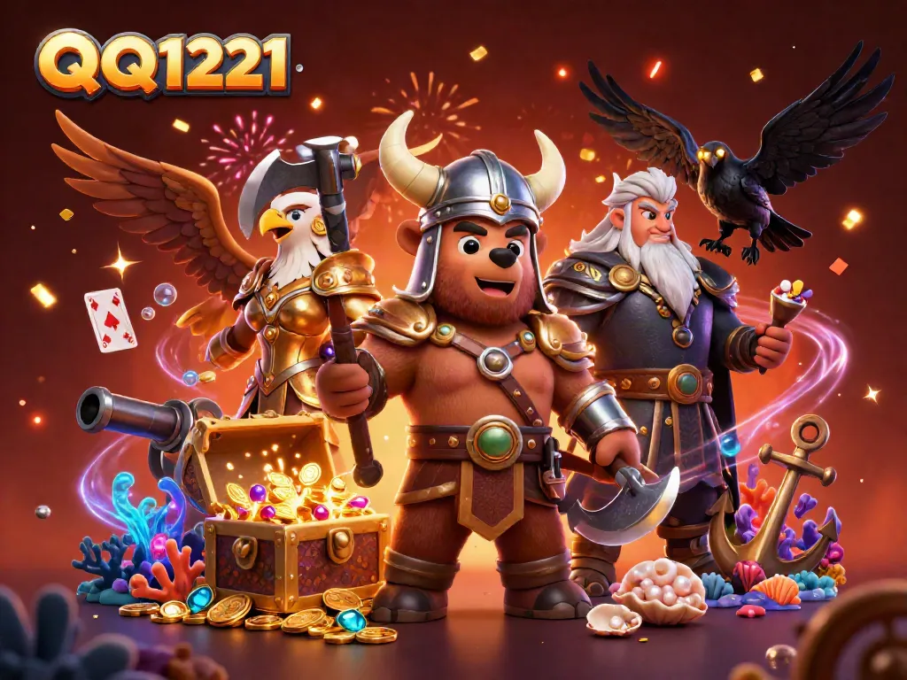 Experience thrilling adventures with QQ1221 featuring a Viking bear and Valkyrie amidst vibrant casino elements.