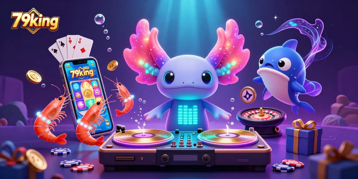 Spin golden reels with 79king's vibrant casino scene, featuring an axolotl DJ and dancing sea creatures.