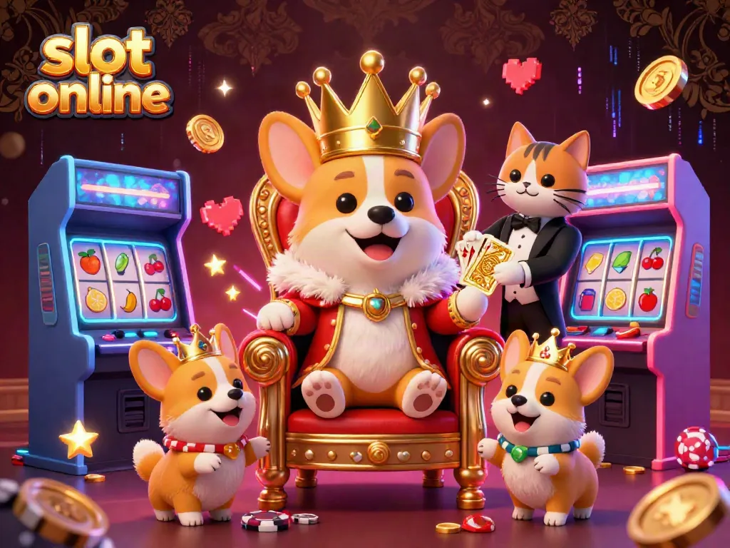 Engage with exciting slot online games alongside a royal corgi in this animated casino scene.
