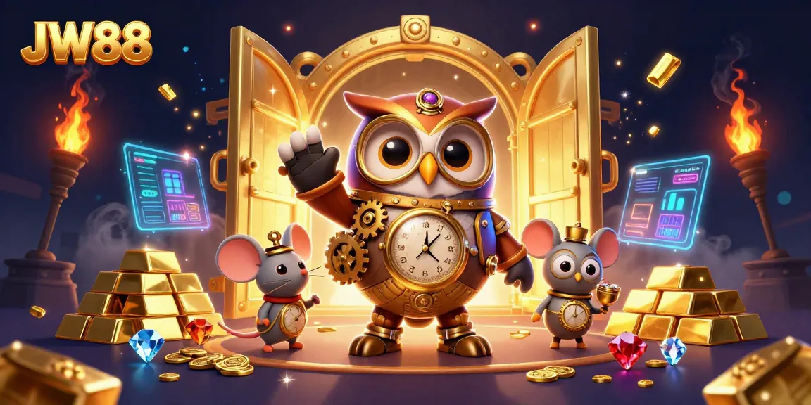 Experience winning at JW88 with a vibrant 3D casino scene featuring a time-traveler owl and treasure.