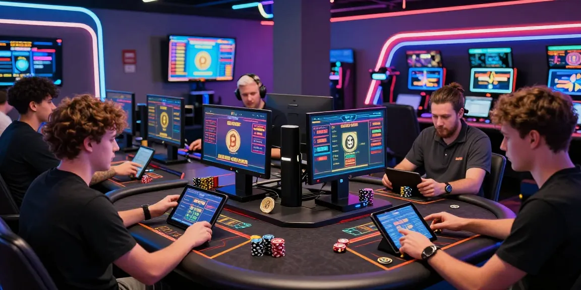 Engaged players at a lively crypto casino with digital interfaces and neon lighting.