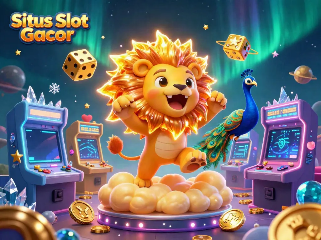 Situs Slot Gacor menggambarkan singa matahari kartun 3D dan dadu emas dalam ilustrasi kasino yang meriah