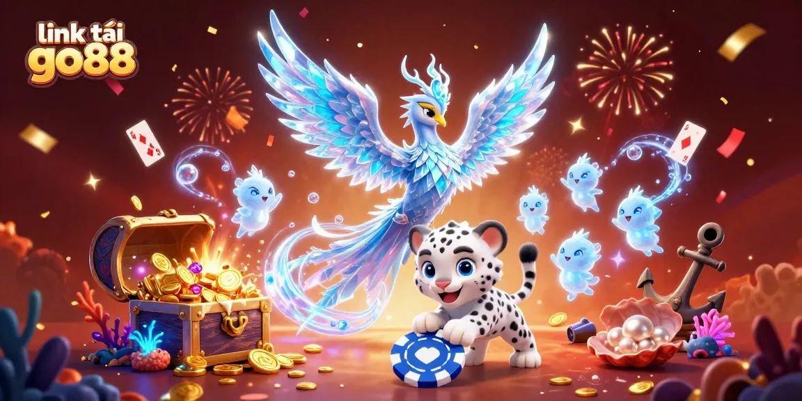 Play games and win with link tải go88, featuring a vibrant 3D scene full of casino elements and fantasy.