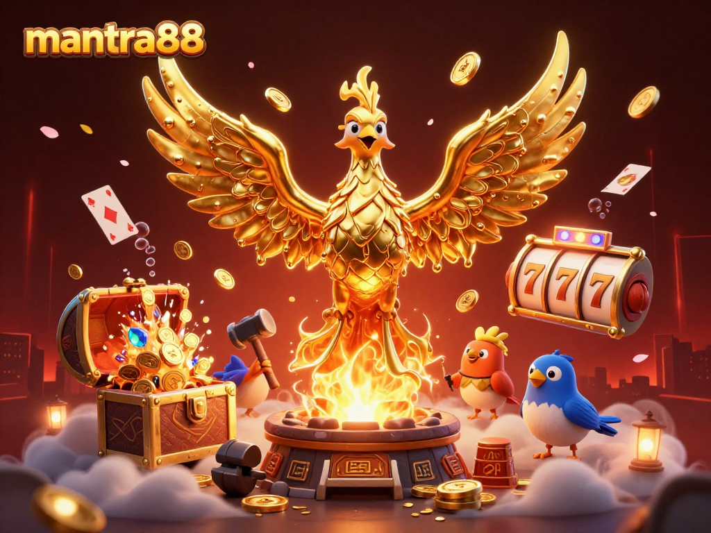 Experience the thrill of mantra88 with a golden phoenix, gold coins, and vibrant slot elements.