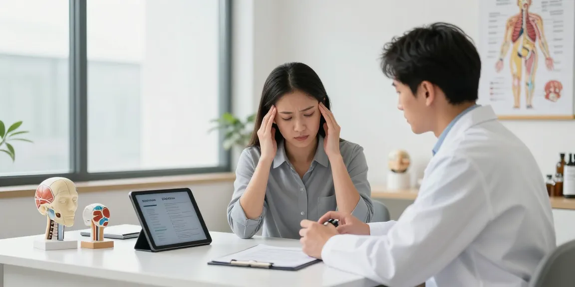 Patient discussing causes of frequent headaches with a physician in a modern healthcare setting.