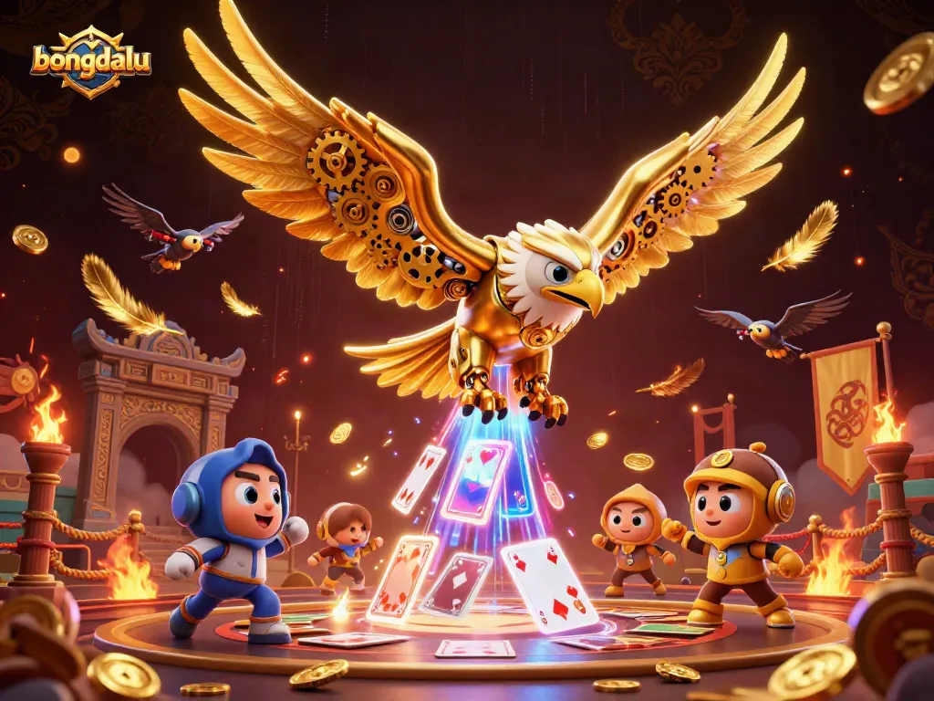 Bongdalu showcases a cybernetic eagle diving through holographic cards amidst thrilling betting action.