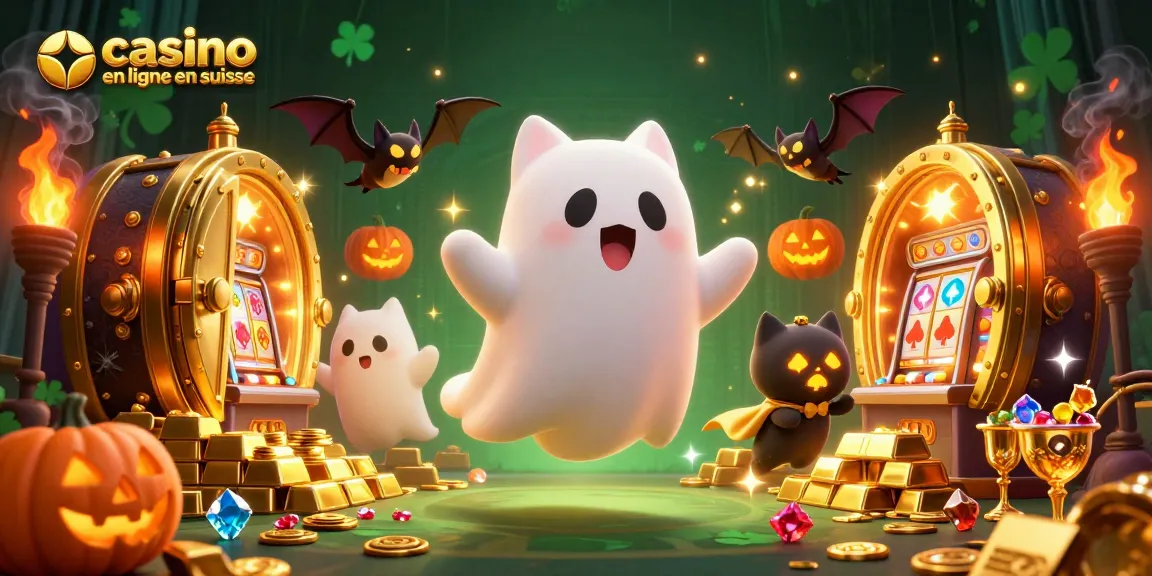 Un explore les jeux innovants au casino en ligne en Suisse avec un chat fantôme et des joyaux scintillants.