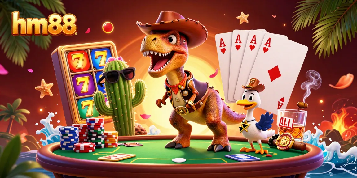 Engage with exciting gameplay at hm88 with the T-Rex dinosaur and poker-themed elements.