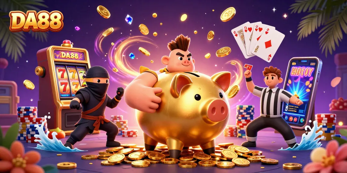 Spin the reels and win big with DA88, featuring a vibrant casino scene with cartoon characters.