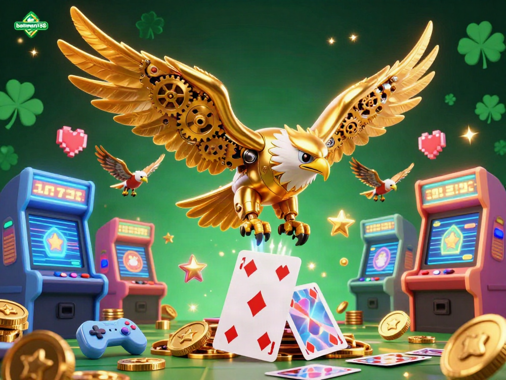Experience batman138’s thrilling gaming scene with a cybernetic eagle diving through holographic cards.