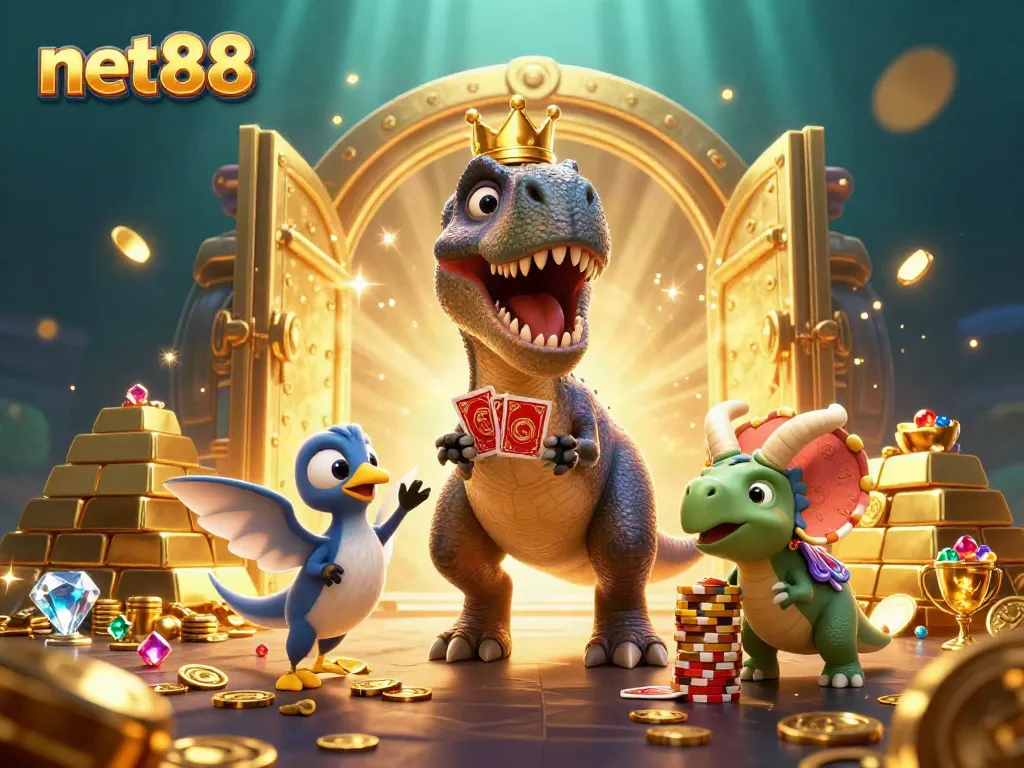 Engage with net88's fun casino themes featuring a dinosaur dealer and friends surrounded by treasure.