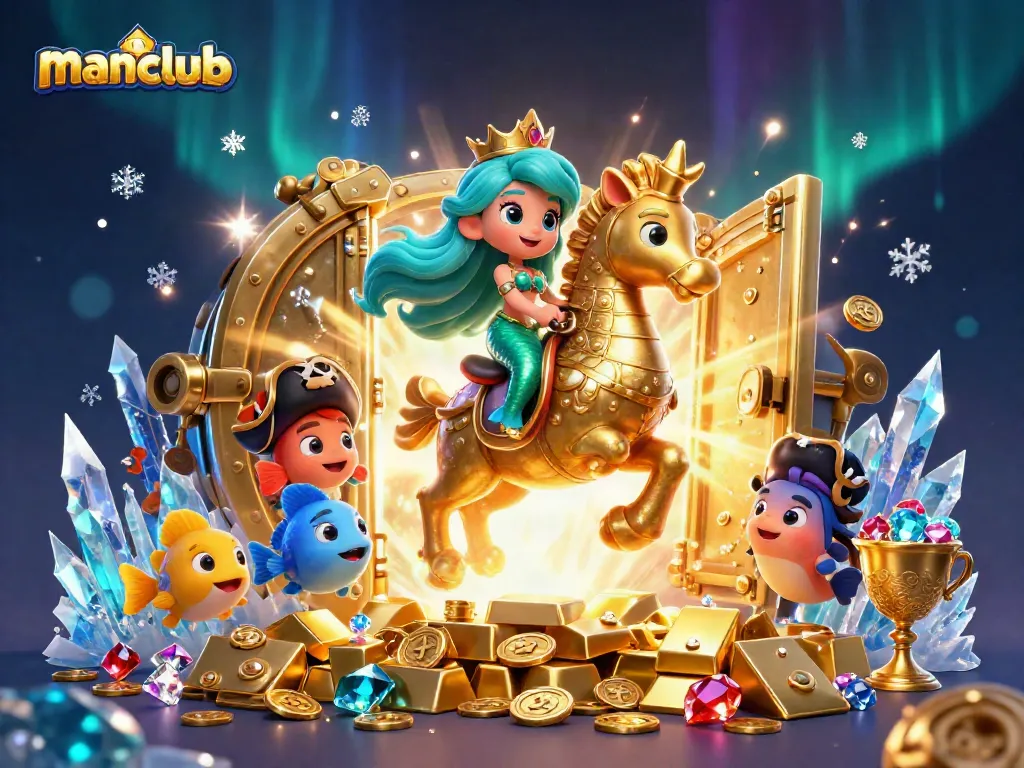 Win big at Manclub with vibrant 3D casino illustration featuring mermaid and seahorse.