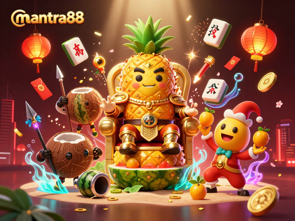 Experience winning thrills with mantra88's golden pineapple king illustration, showcasing the vibrant casino essence.