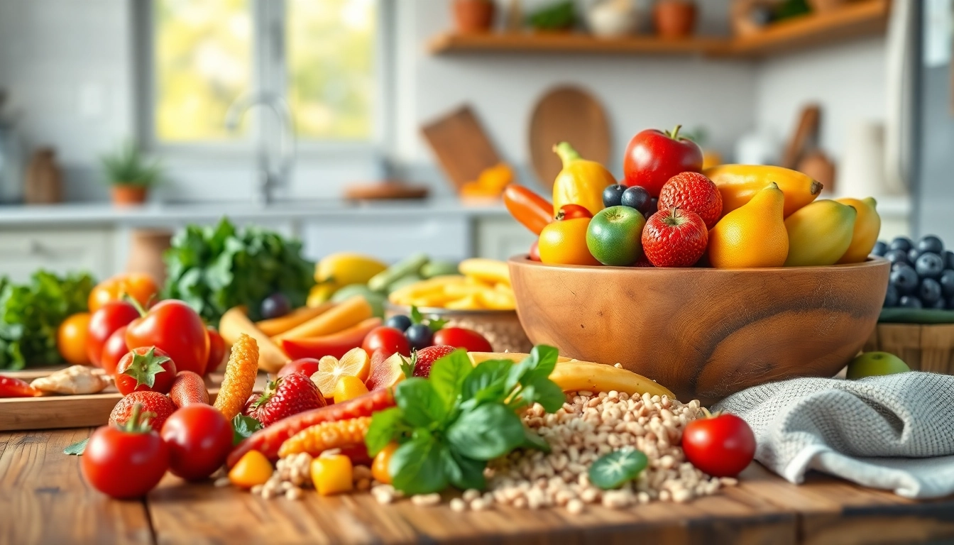 Promote Healthy Eating Habits with a vibrant spread of nutritious fruits, vegetables, and whole grains on a rustic table.