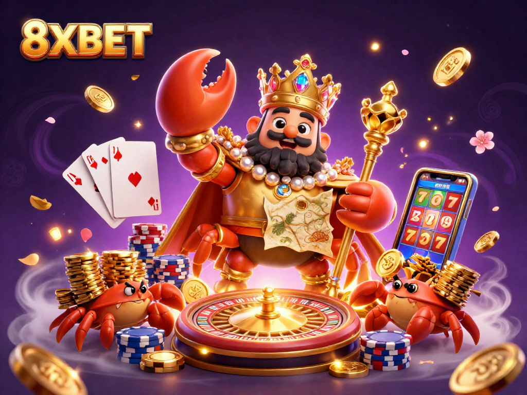 Experience thrilling gaming action with 8XBET's vibrant casino illustration featuring a golden crab emperor.