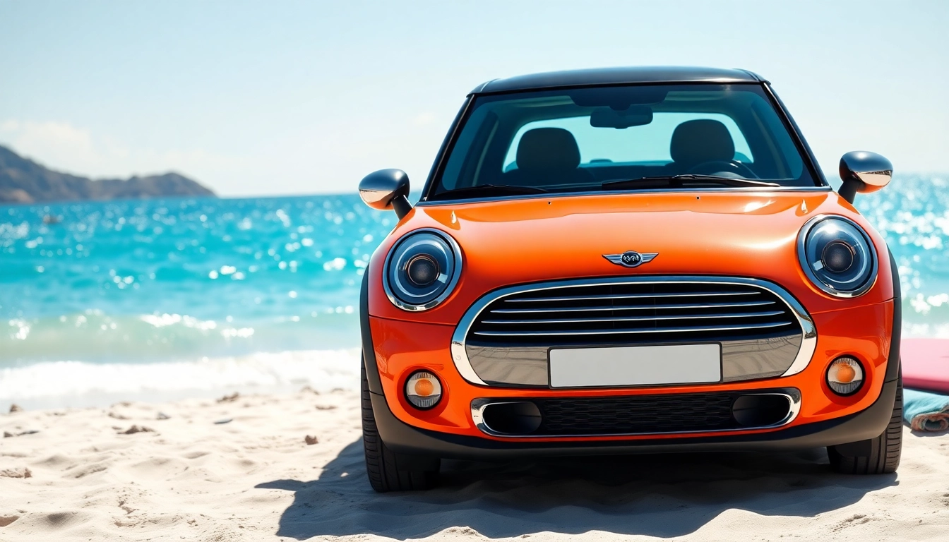 Rent mini cooper st barts at a sunny beach, showcasing a stylish Mini Cooper against vibrant ocean waves.