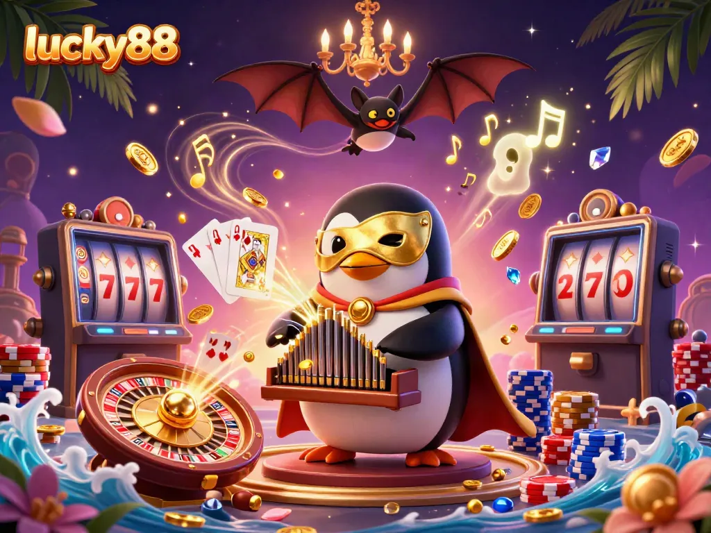 Experience thrilling gaming with lucky88 through a vibrant casino scene of animated characters, rich with gold coins, symbols, and action.