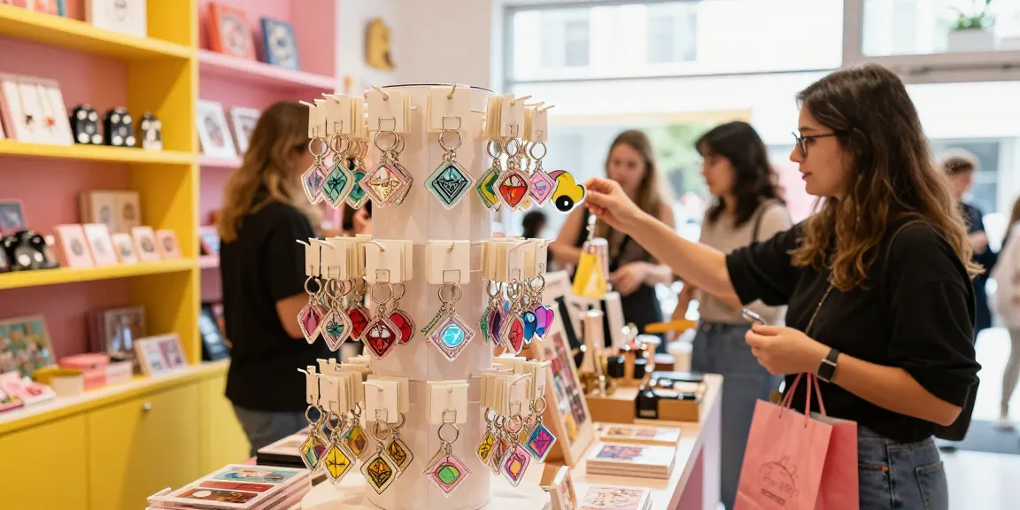 Beautiful custom Acrylic Diamond Keychain showcased in a vibrant retail environment, inviting shoppers to personalise their accessories.