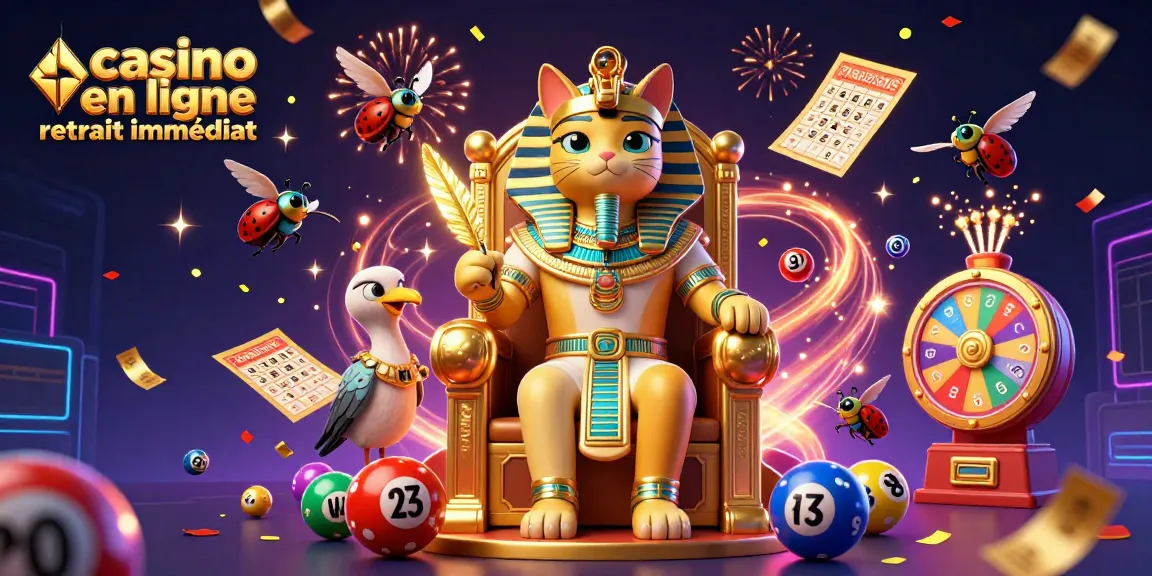 Gagnez en jouant à des casinos en ligne avec des retraits immédiats, représentant un pharaon égyptien et des éléments de loterie.
