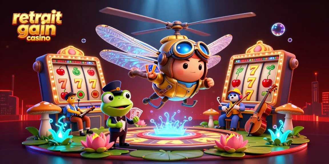 Retrait de gains au casino : un dragonfly pilote et un croupier grenouille au casino, entourés de machines à sous.