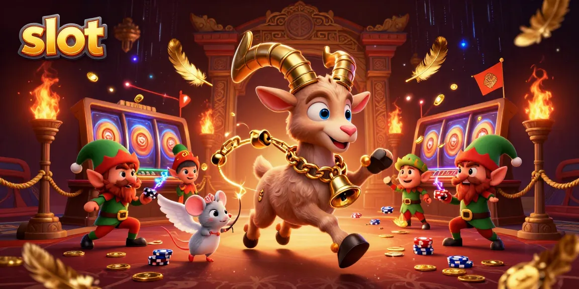 Experience thrilling slots action with a festive Krampus goat and mischievous characters in a vibrant casino scene.
