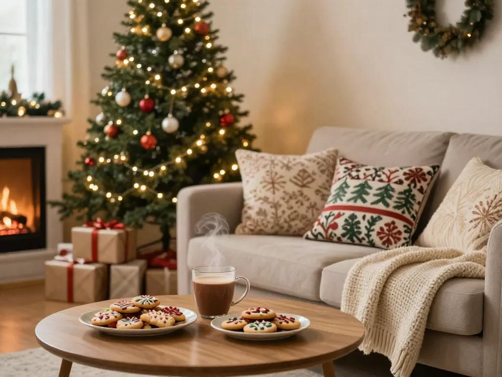 Beautiful slim Christmas tree in a cozy living room adorned with lights and ornaments