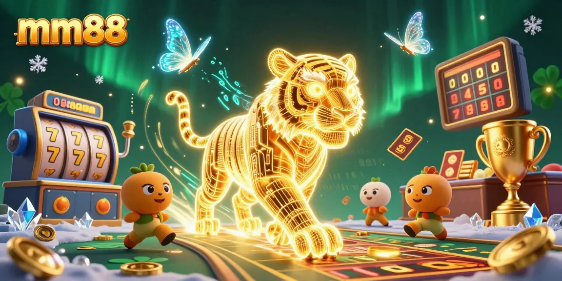 Experience thrilling wins with mm88's vibrant digital casino scene featuring a majestic tiger and dynamic game elements.