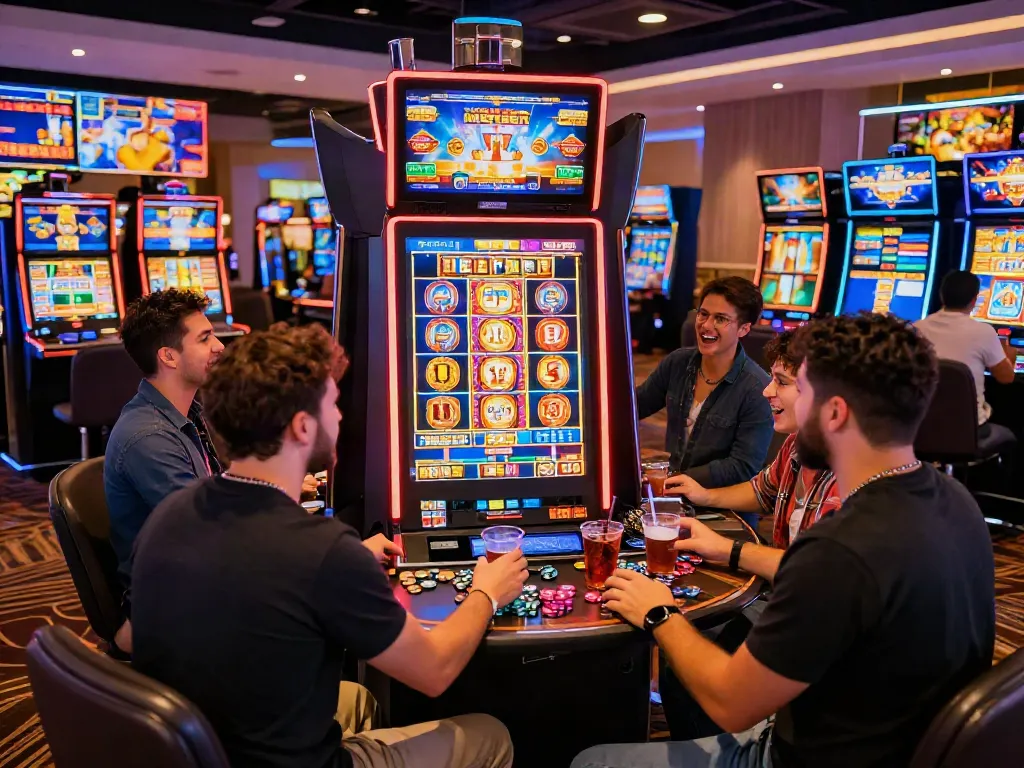 Excited players celebrate hitting a slot jackpot in a vibrant casino setting with modern décor.