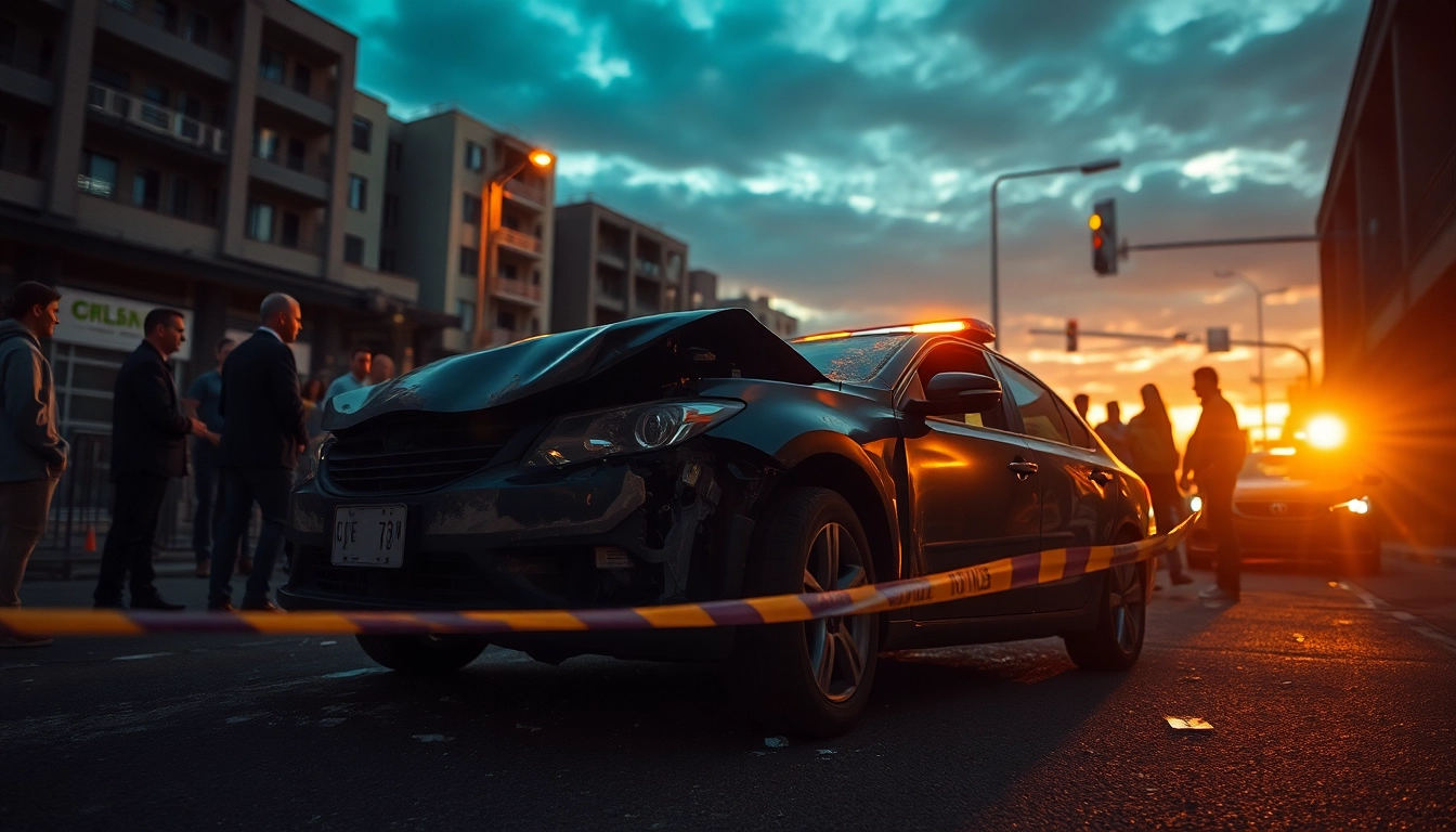 First responders at a road accident scene with a damaged vehicle and police activity.