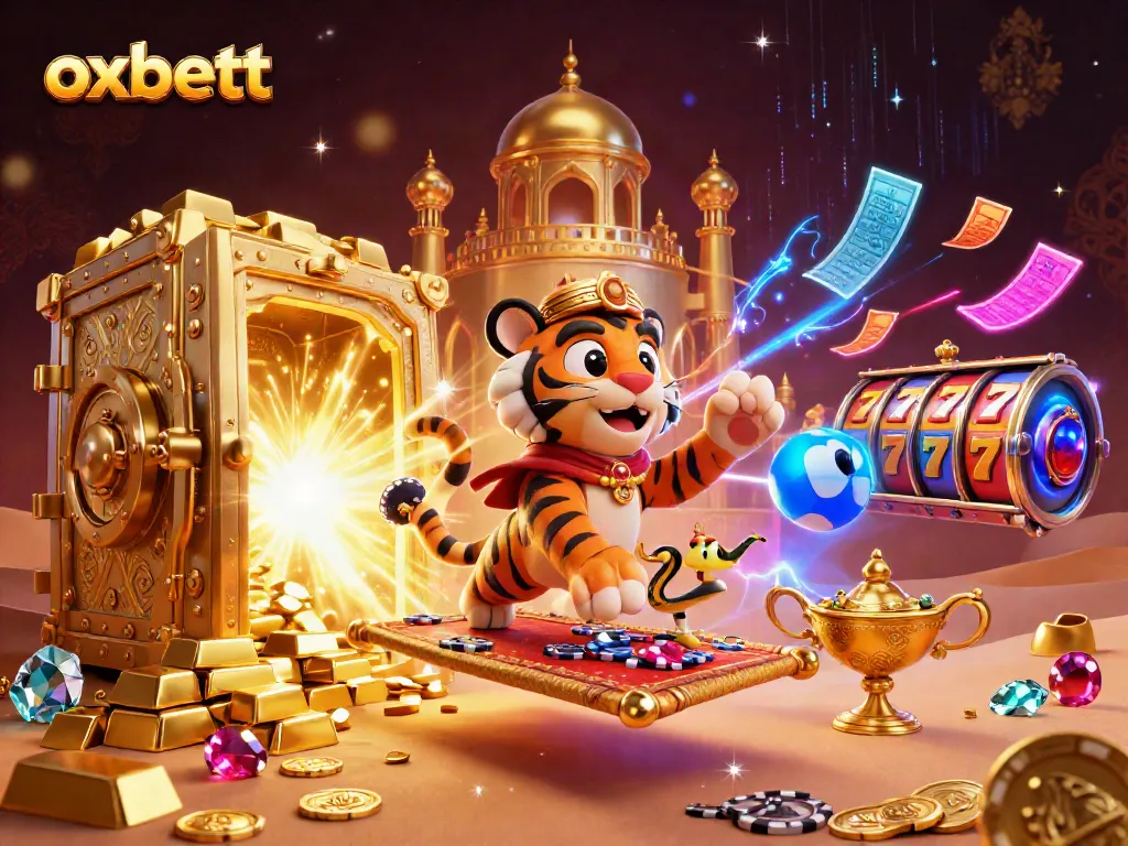 Experience the thrill at oxbett with a 3D casino illustration featuring vibrant games, a sultan, and rich treasures.