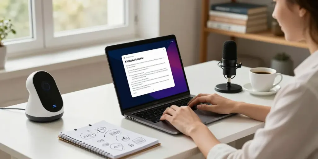 Content writer using an AI article writer in German, surrounded by writing tools and a modern workspace.
