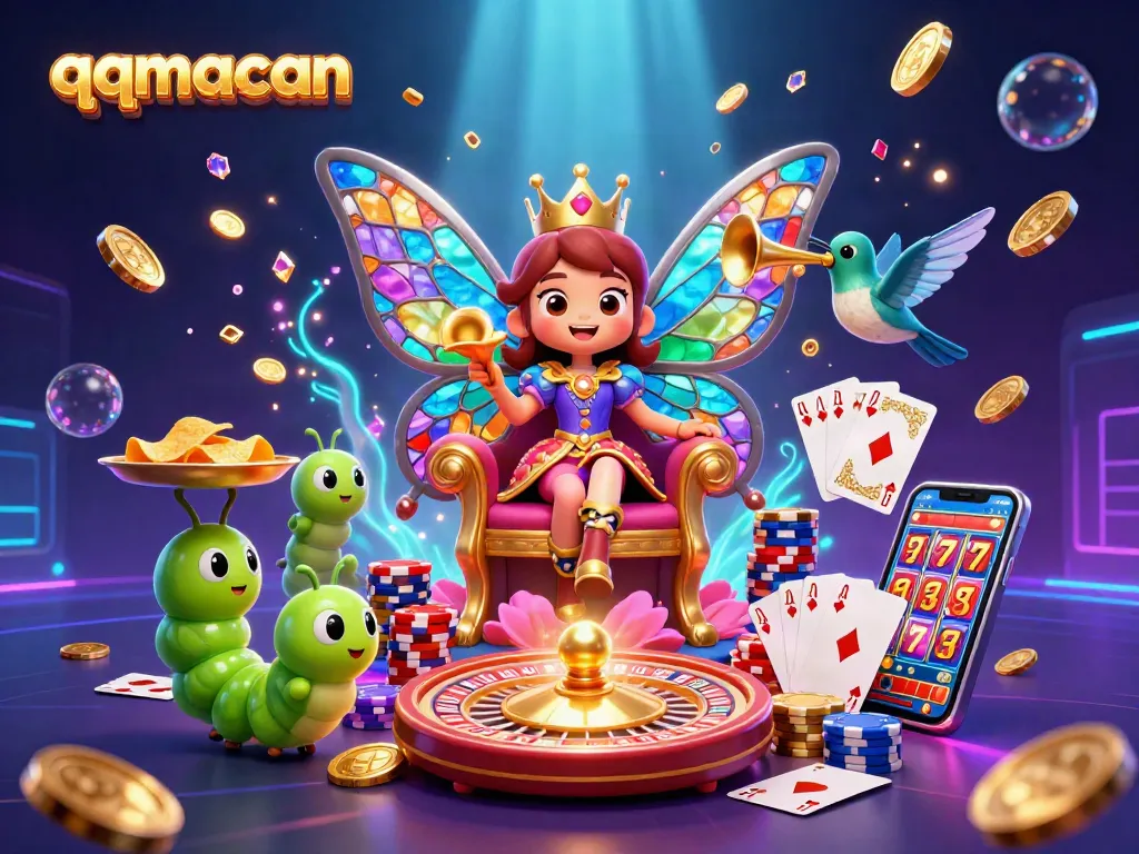 Experience thrills with qqmacan as a butterfly queen oversees a vibrant casino scene filled with golden wins.