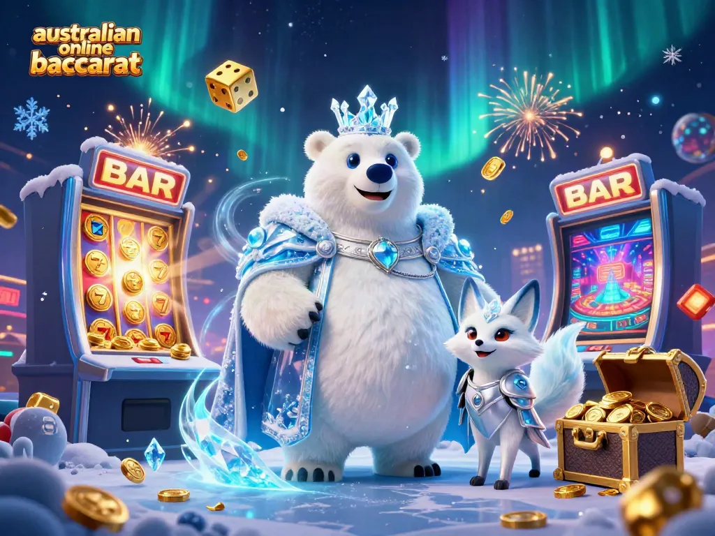 Experience the thrill of australian online baccarat with an enchanting 3D illustration featuring polar bear royalty and vibrant casino elements.