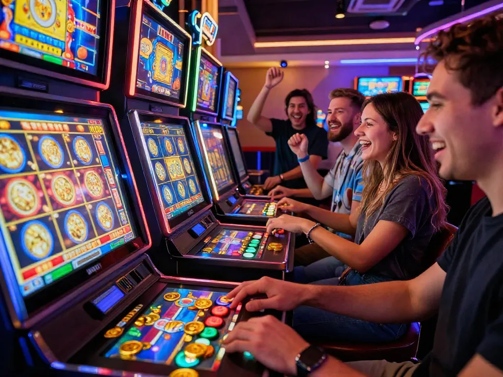 Exciting gaming atmosphere featuring players at colorful สล็อตเว็บตรง slot machines celebrating wins.