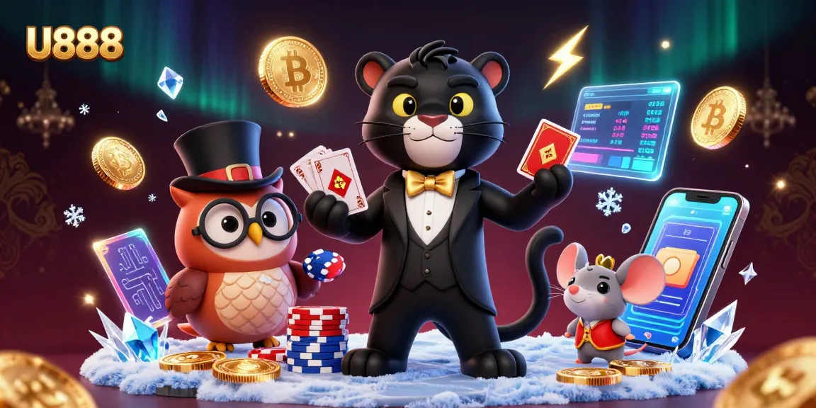 Engaging U888 casino experience with card-dealing panther, owl, and mouse enjoying crypto elements.