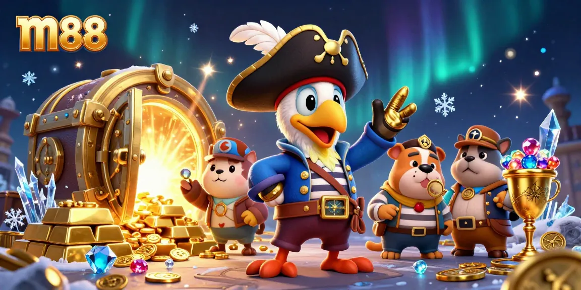 Bet on the thrilling adventures of m88 as pirate characters discover treasure amidst sparkling gems and gold.