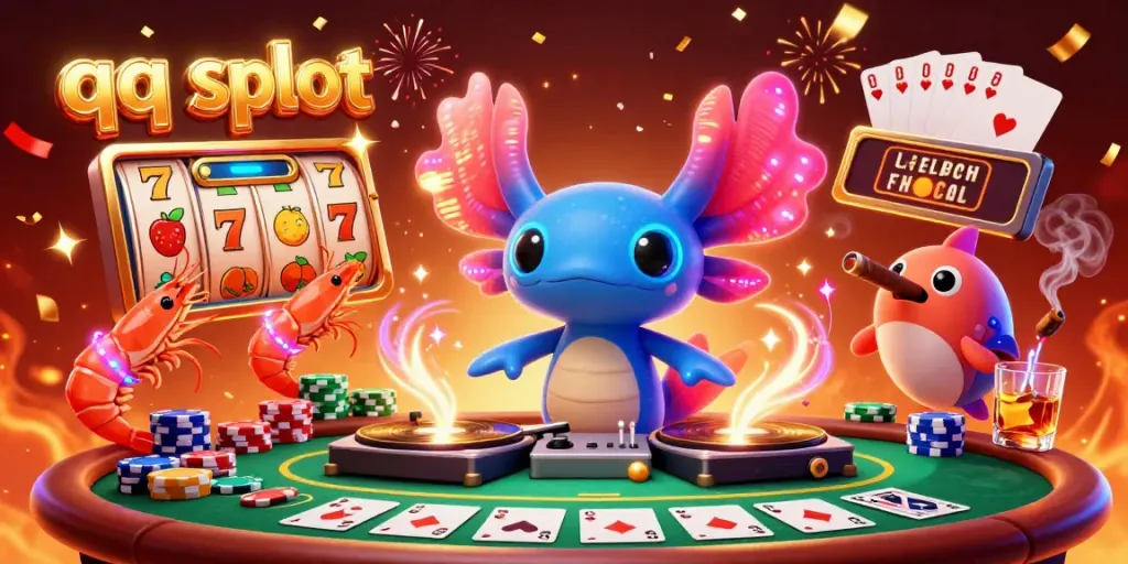 Experience the thrilling qq slot action with a vibrant axolotl DJ and casino elements, showcasing excitement in a dynamic illustration.