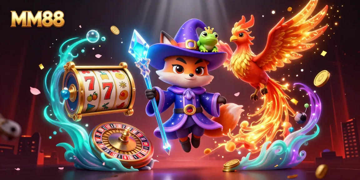 Experience MM88 with a vibrant 3D casino illustration showcasing a wizard fox, phoenix, and dynamic gaming elements.