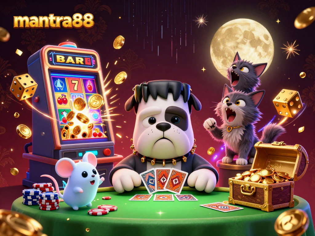 Experience excitement with mantra88's thrilling casino adventures in this vibrant 3D digital illustration.