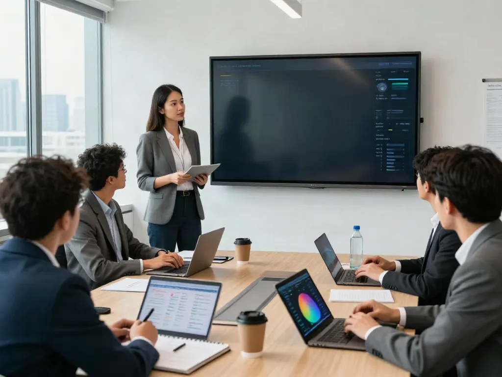 Team of professionals in a modern office discussing how to look at more info on key metrics during a business meeting.