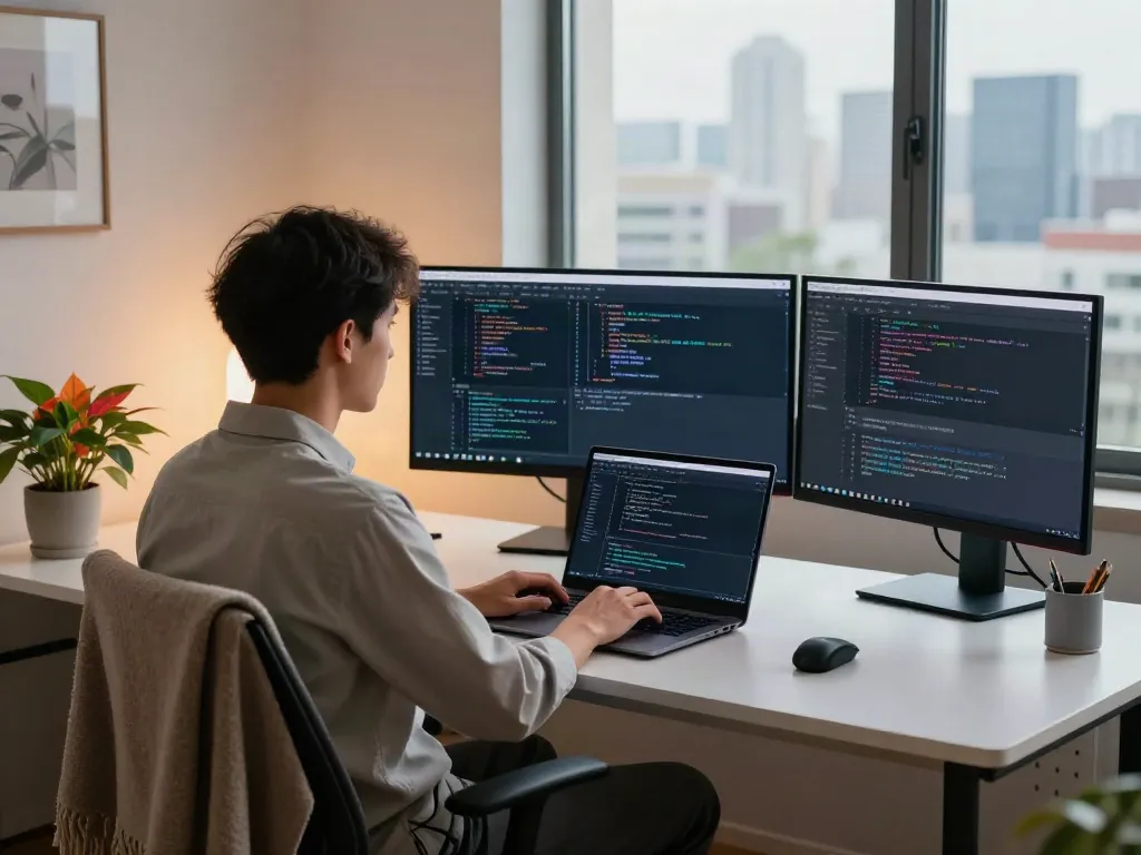 Brave software developer coding in a modern home office with vibrant decor.
