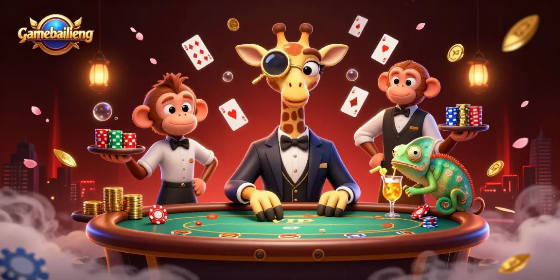 Engage with gamebailieng, featuring a high-roller giraffe and vibrant casino elements.