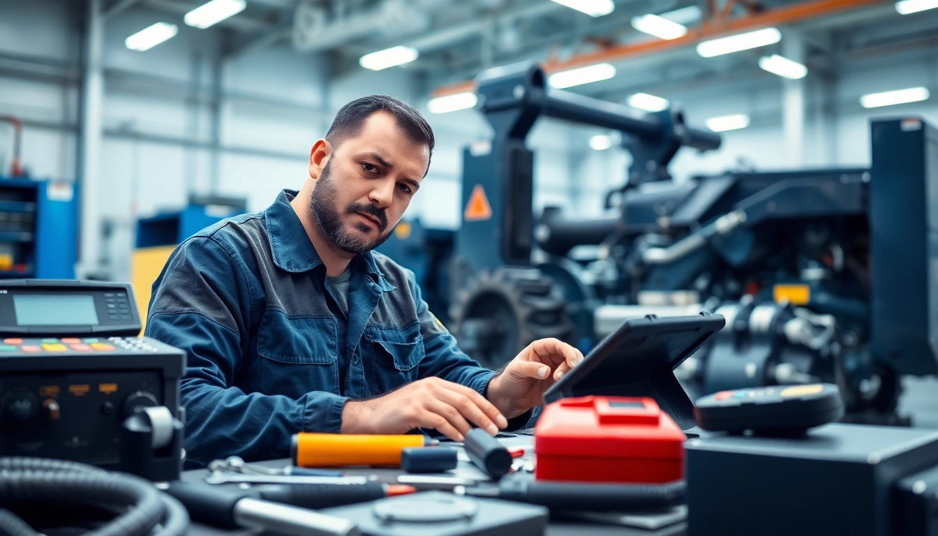 Technician performing equipment service on heavy machinery in a bright workshop.