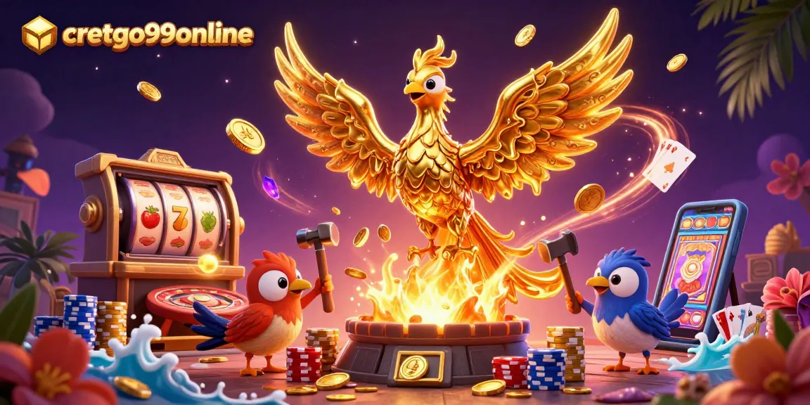 Engage in thrilling gameplay at cretgo99online with a phoenix rising from gold coins and spinning slot reels.