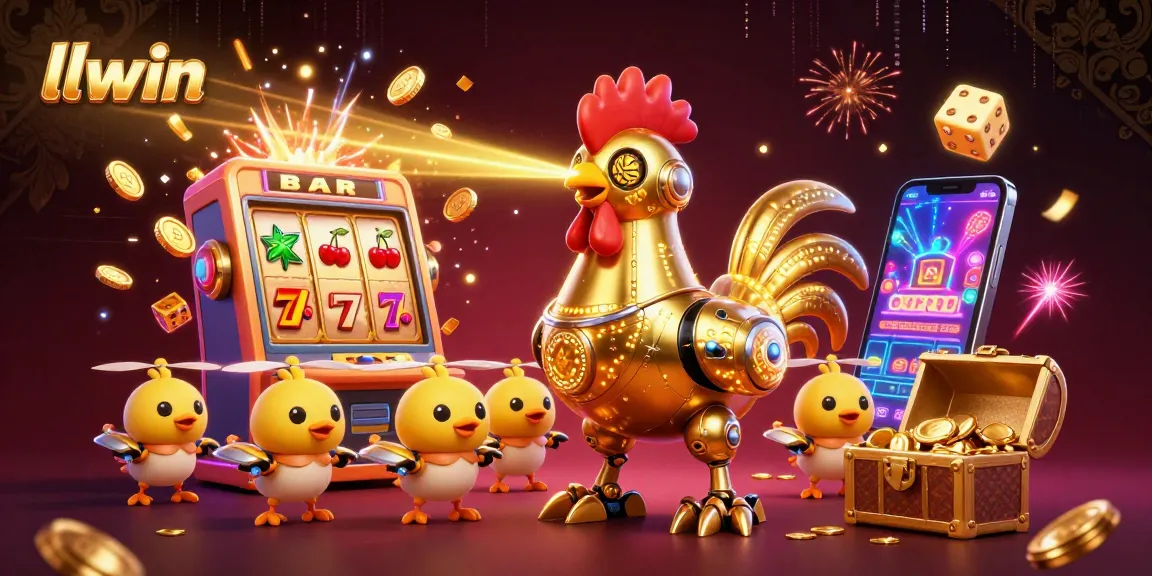 Experience exhilarating games at llwin with a dynamic golden rooster robot, vibrant slot machines, and thrilling casino action.